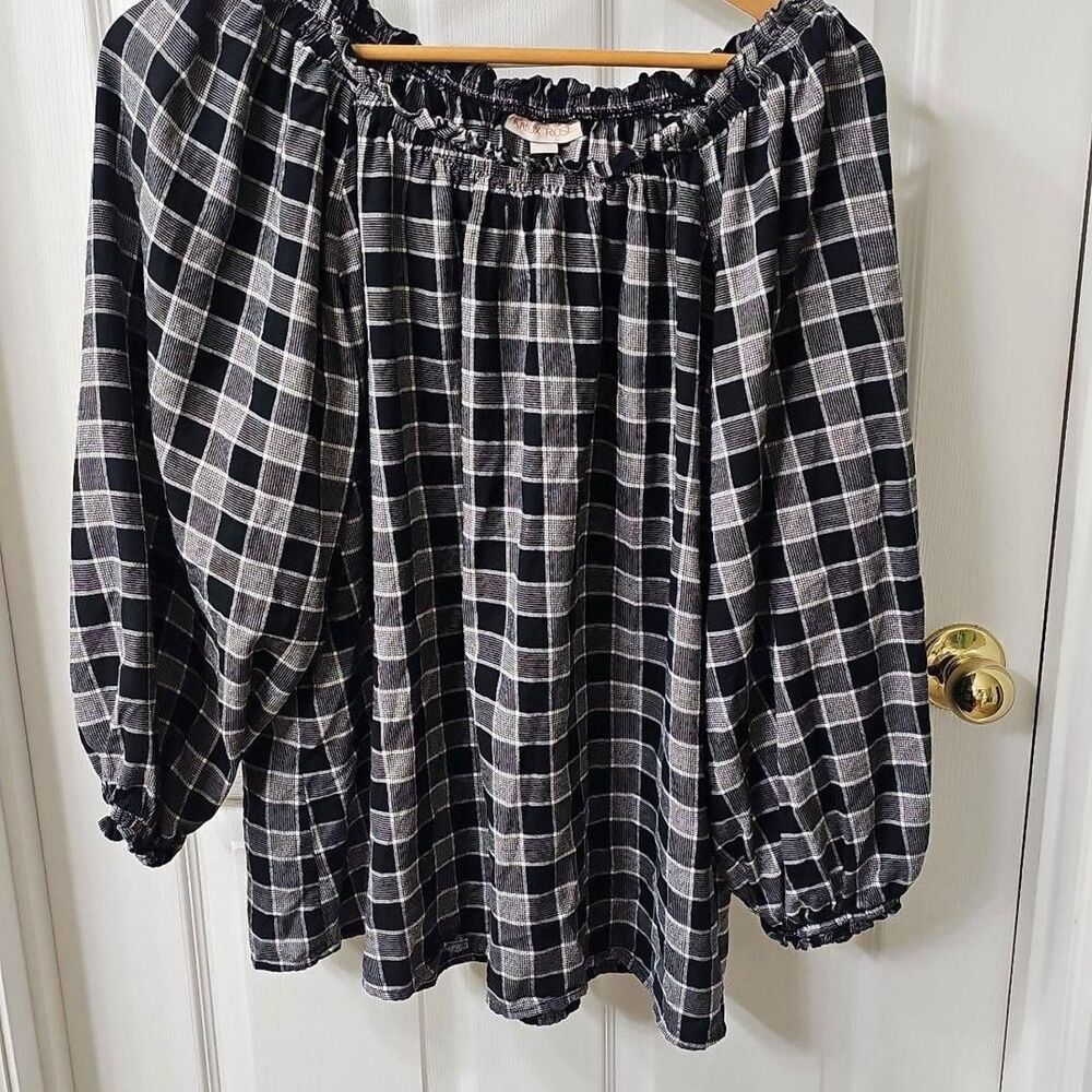 Knox Rose Black and White Plaid Off-the-Shoulder Peasant Blouse XXL